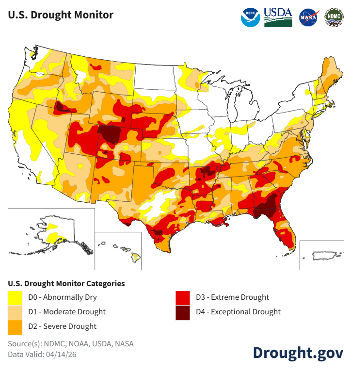 U.S. Drought Monitor map for April 14, 2026 showing more than half the country in drought